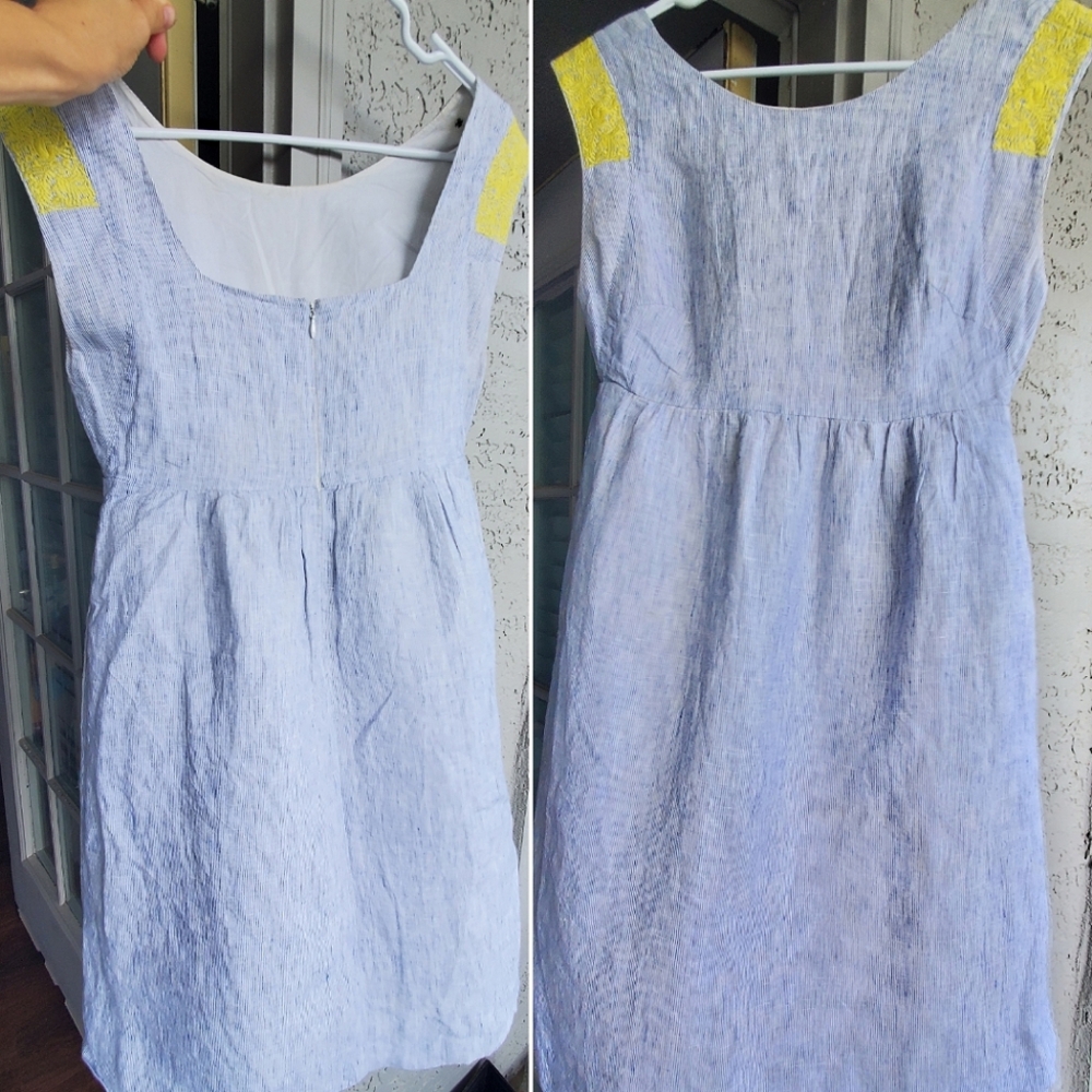 100% Linen J. Crew Charming Blue and Yellow Embroidered Midi Dress Sz 2 Xs
